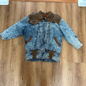 Vtg 80s Acid Wash Denim Leather Trim Jean Jacket Womens Medium Retro Biker Lined